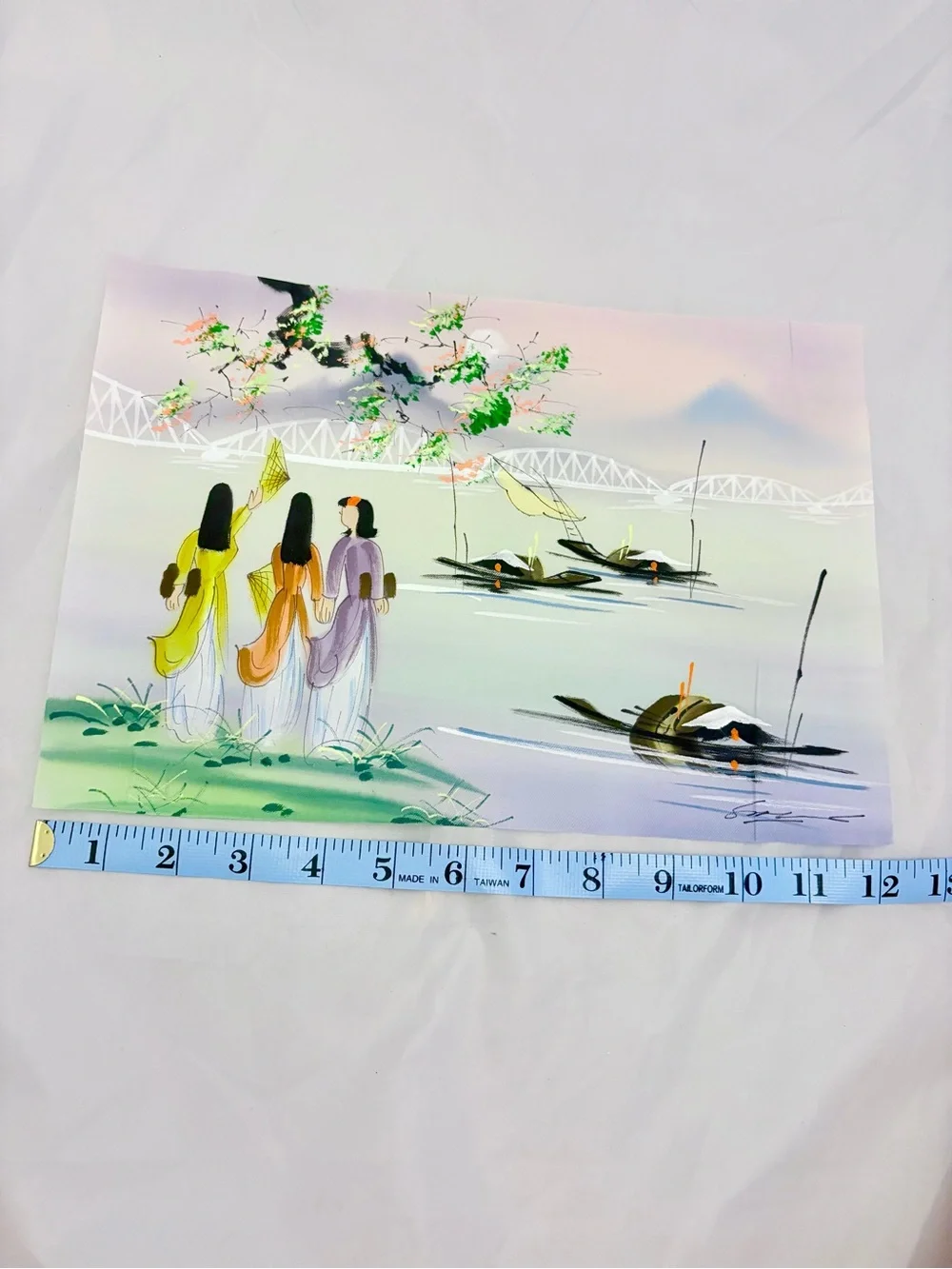 Vintage Hand painted Scene on Fabric Asian Style